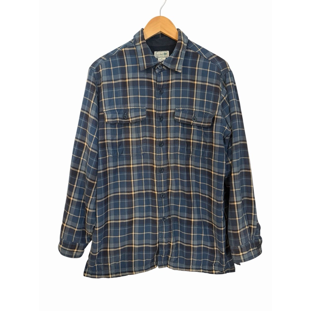 LL BEAN Fleece Lined Plaid‎ Shacket Mens M Blue Plaid Outdoors Layering Hiking